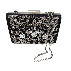 Black Crystal Embellished Sparkly Evening Clutch Silver Chain Formal Prom Homeco